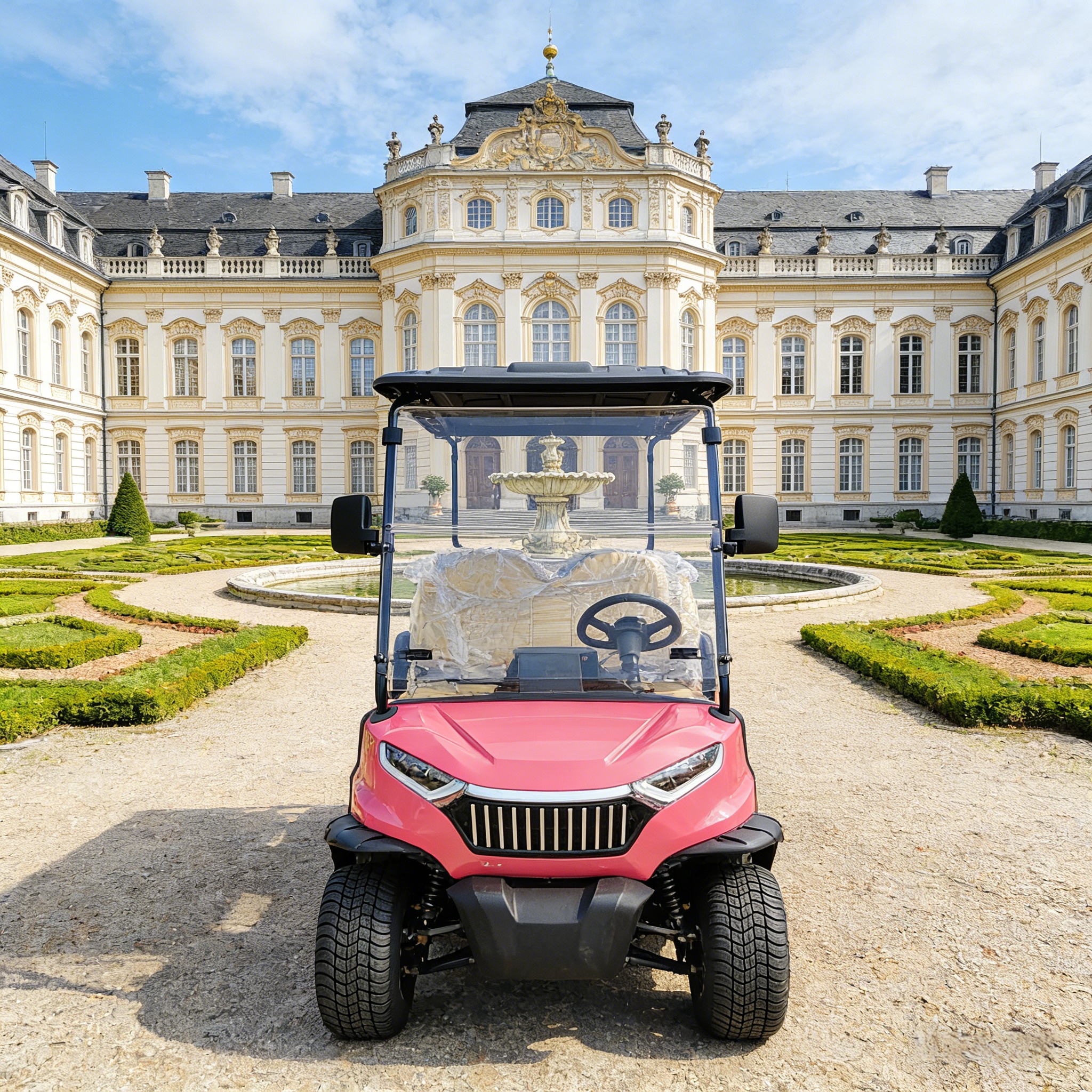 Stylish Event Golf Cart: A Plus for High-End Commercial Events 6-местная розовая электрическая тележка для гольфа в стиле ретро на элитной винтажной свадебной площадке, служащая стильным трансфером для гостей и местом для фоторегистрации
