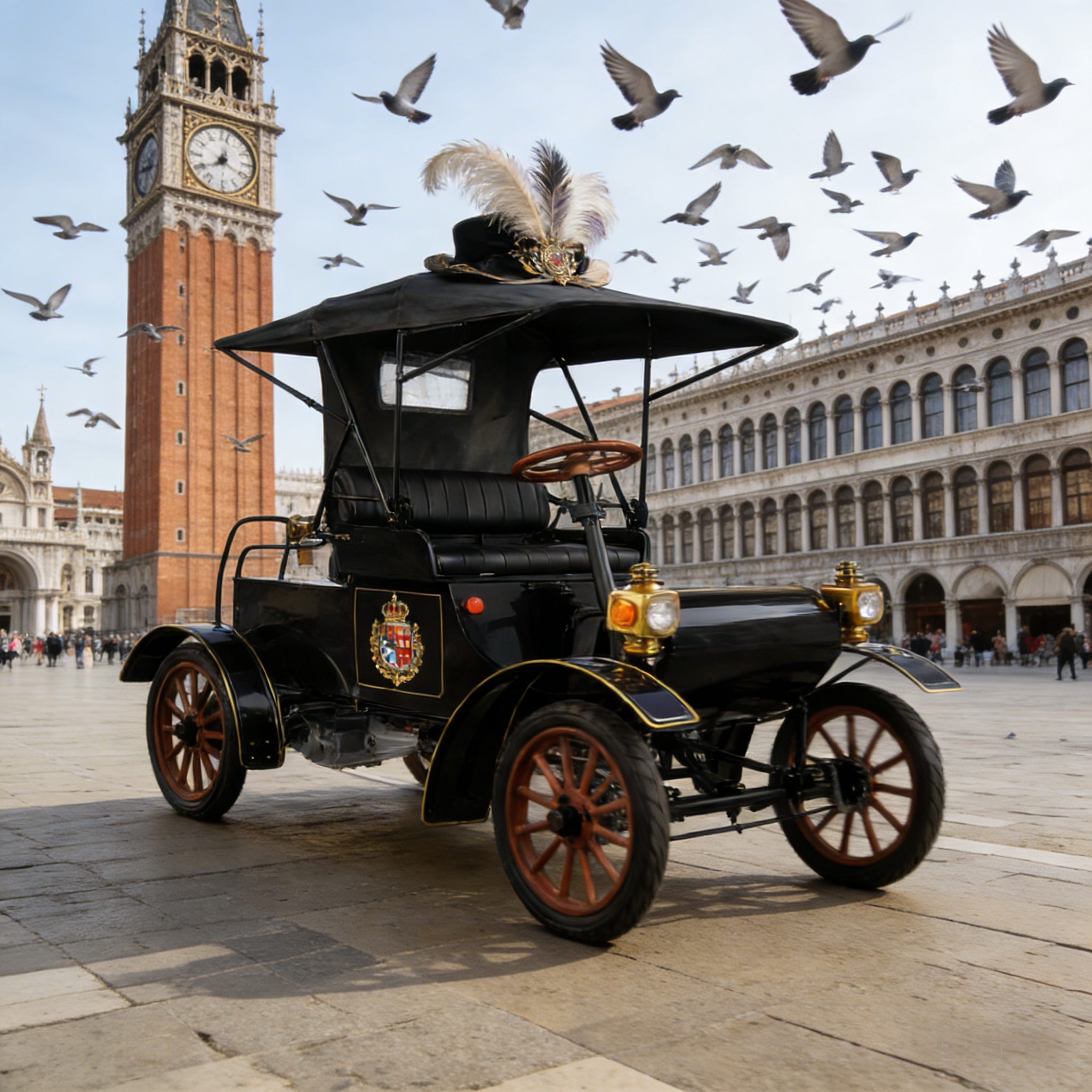 Черный королевский винтажный электромобиль - элитная сцена культурного туризма перед Лувром (с красным бархатным навесом)