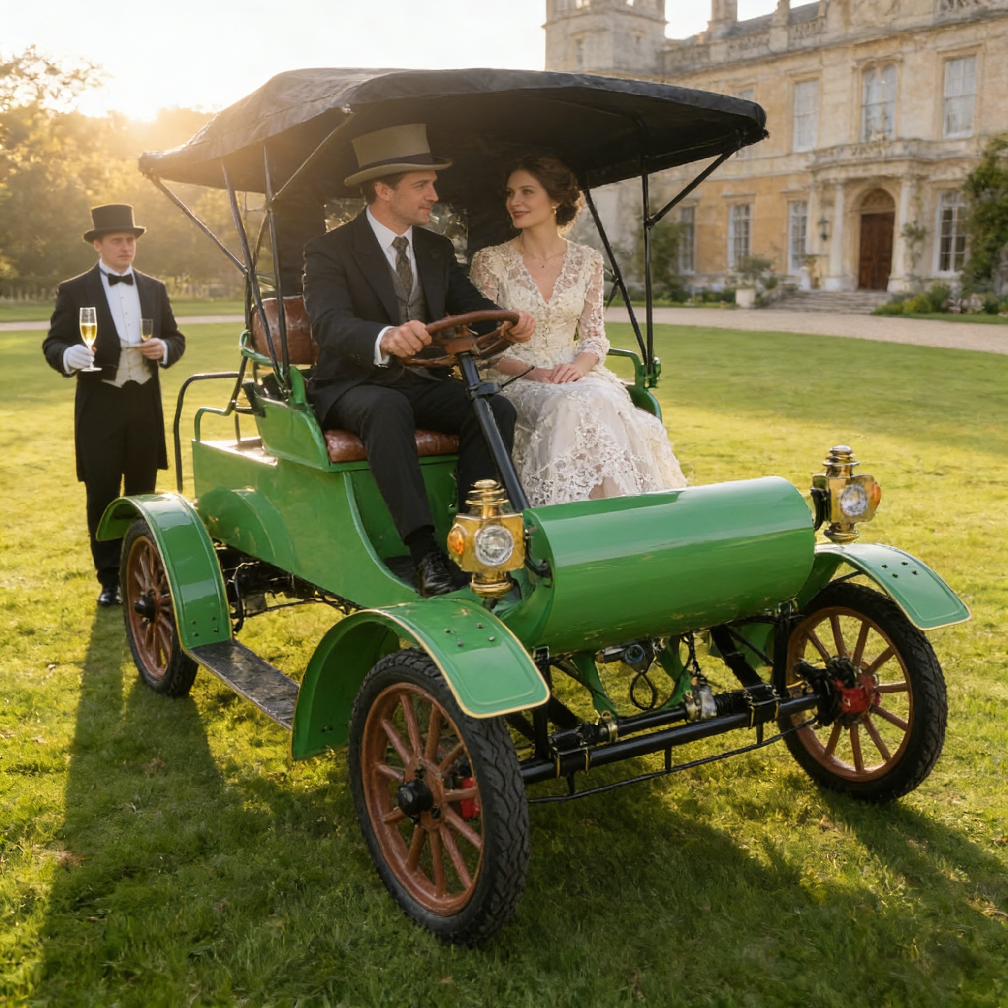 Зеленый ретро-электрический старинный автомобиль - сцена приветствия свадьбы в поместье (с женихом, невестой и шафером)
