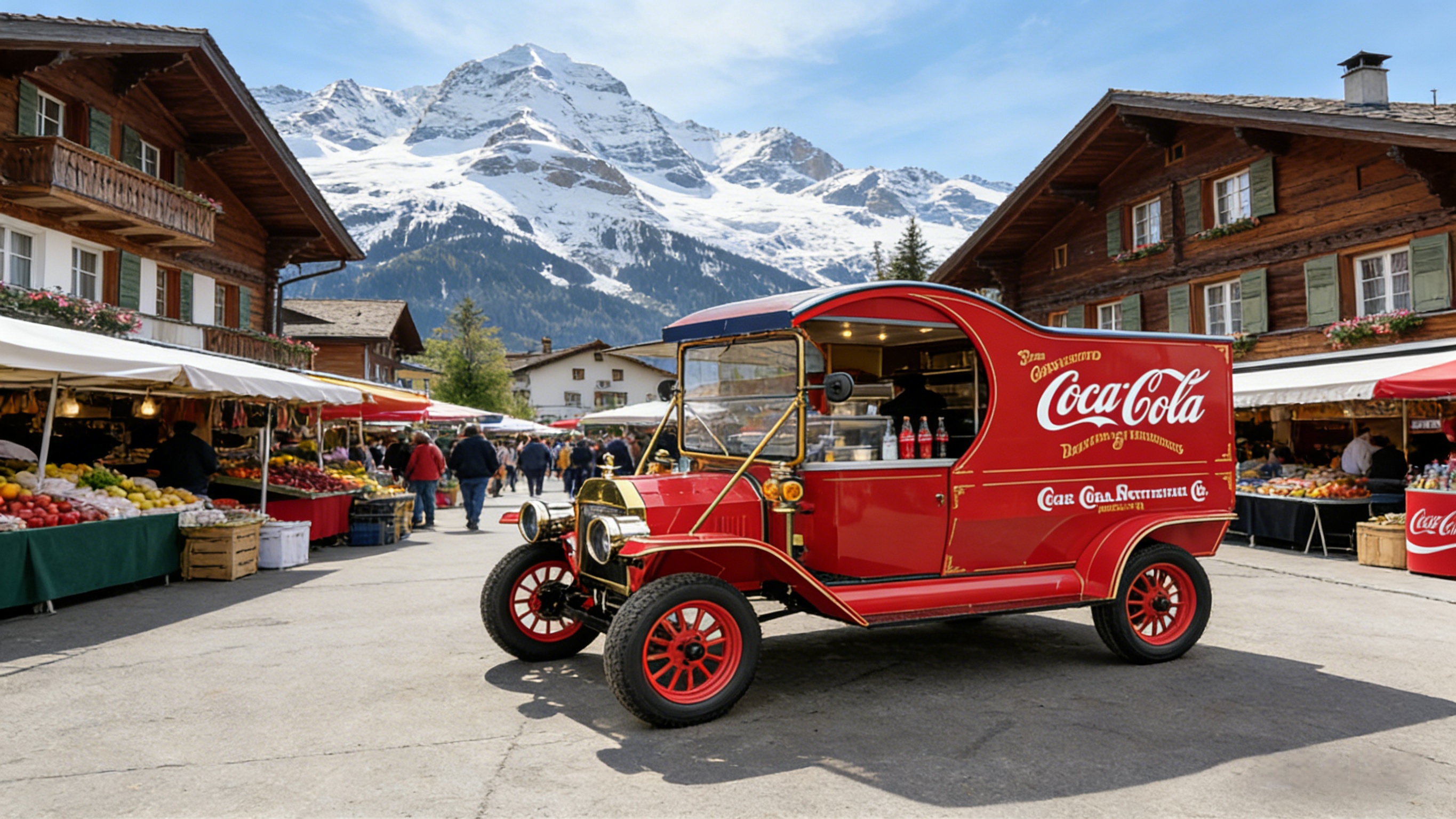 YATIAN Vintage Electric Coca-Cola Truck на рынке швейцарской альпийской деревни на фоне заснеженных гор