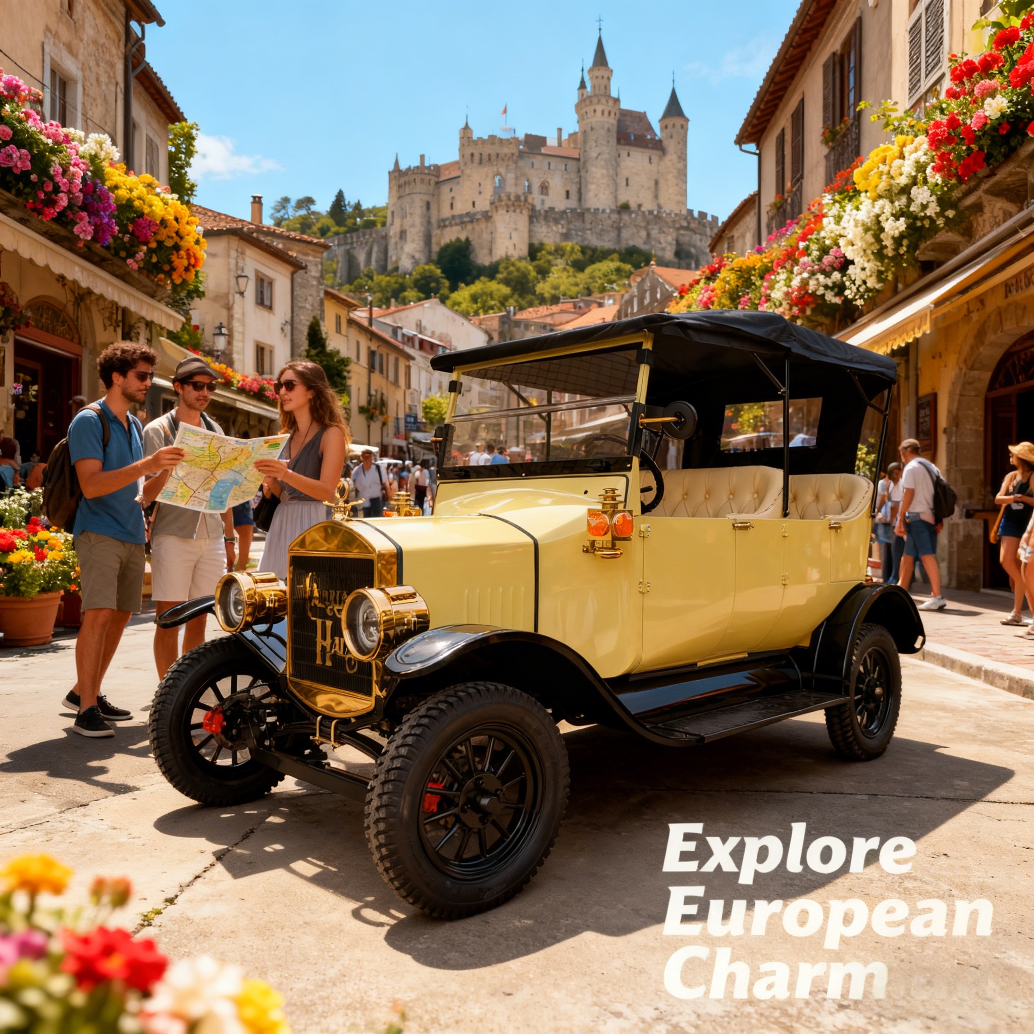 Красный ретро-электрический экскурсионный автомобиль Yatian, соответствующий бело-голубым пейзажам Эгейского моря на Санторини