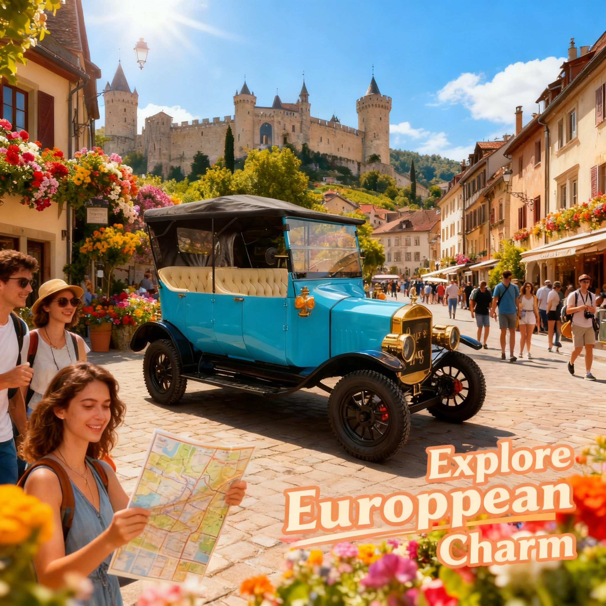 Заснеженный розовый ретро-электромобиль Yatian – морозостойкий для альпийских курортов